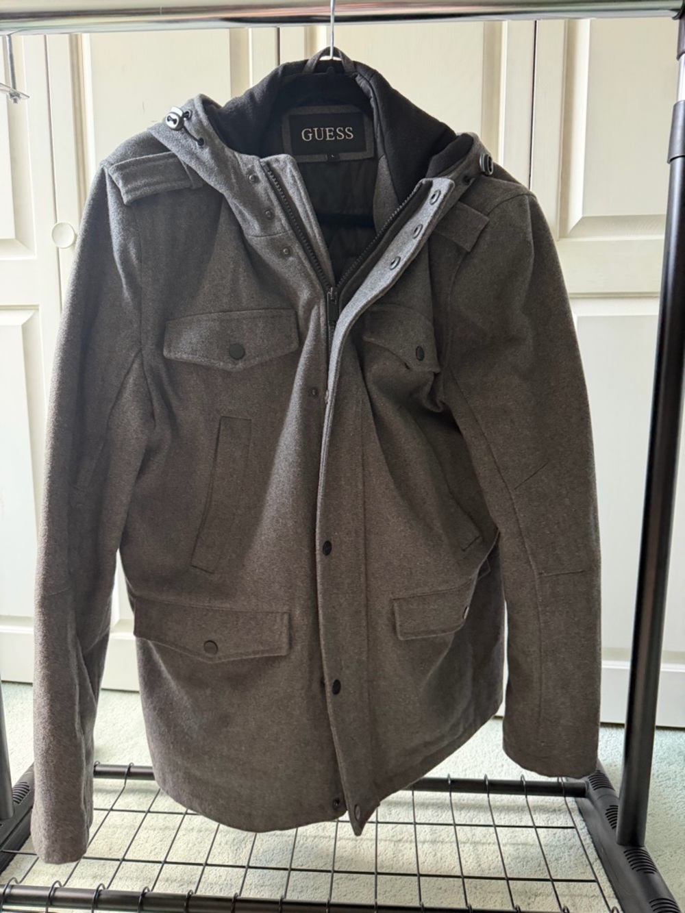GUESS Men's Hooded Military-Style Field Jacket in Charcoal